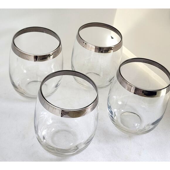 WINE GLASSES-STEMLESS-Clear Glass With Silver Rims-Rounded-Set of 4 - Picture 5 of 9